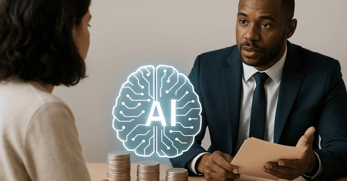 Financial advisor discussing AI-powered strategies with a client, highlighting modern investments and data-driven planning.