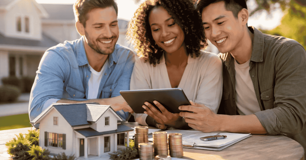 Group of young adults reviewing financial information on a tablet outdoors, with a model house and stacks of coins on the table, representing collaborative investments and real estate planning.
