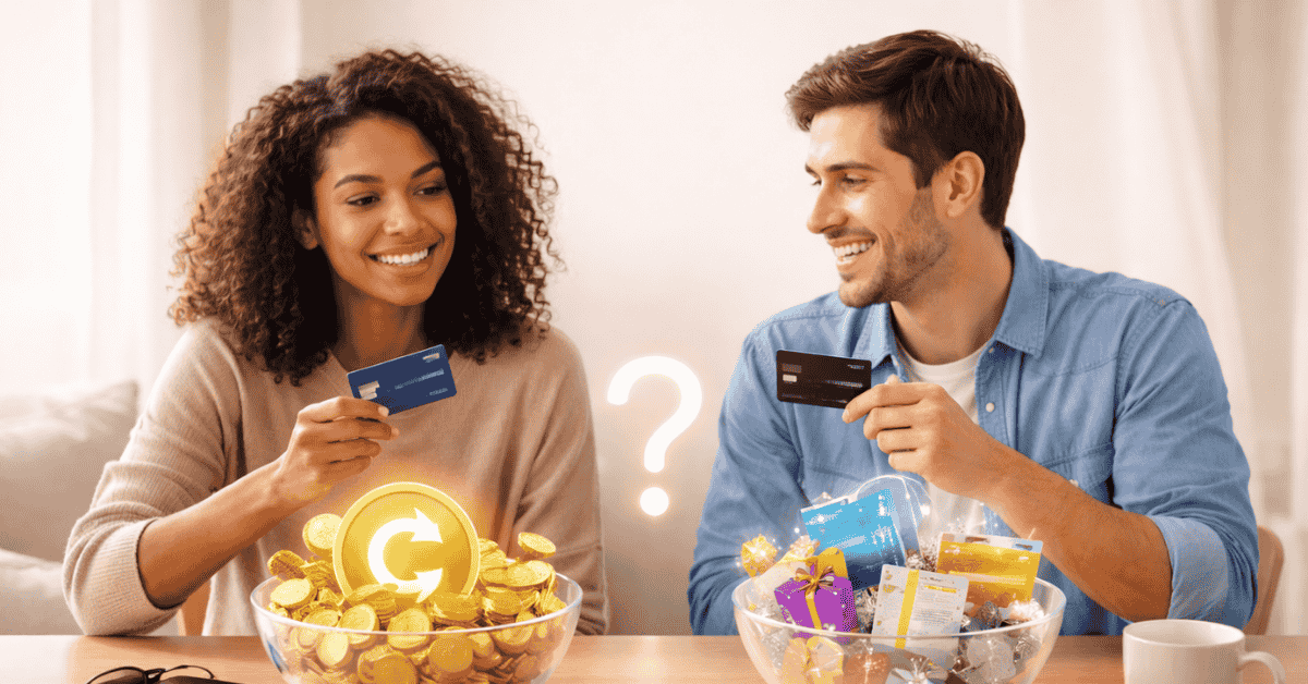 Smiling couple comparing rewards while holding a credit card, with bowls of coins and gift items on the table, illustrating a choice between cashback and rewards programmes on credit cards.