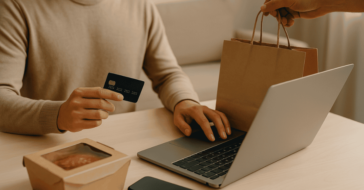 Person paying online with a credit card next to a laptop and shopping bags on a desk.