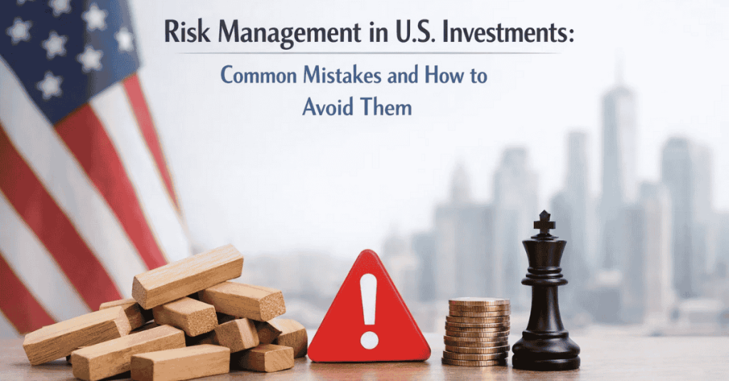 Risk management concept for U.S. investments, featuring an American flag, warning symbol, stacked coins, chess piece, and wooden blocks against a city skyline, illustrating common investment mistakes and strategies to avoid financial risks.