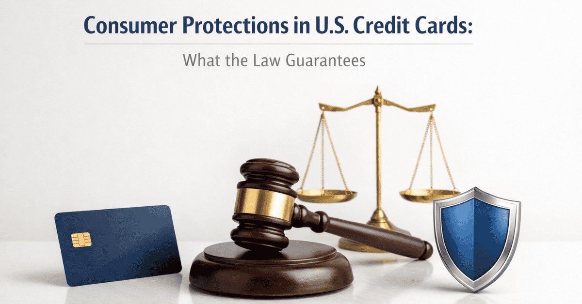 Gavel, scales of justice, shield, and a credit card, representing consumer protections for credit cards