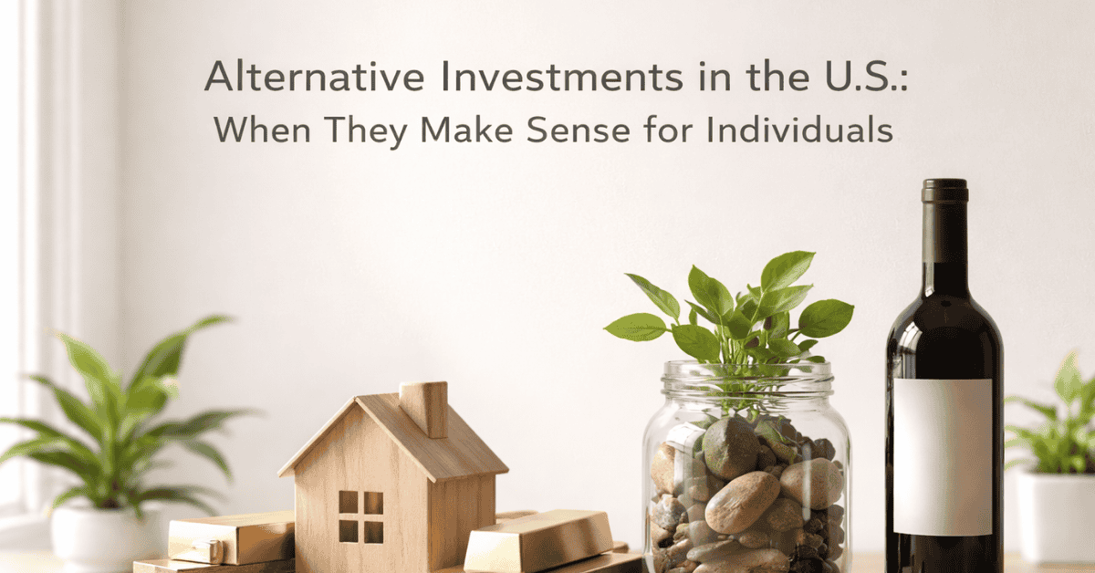 Home model, plant, and assets on a table, representing alternative investments for individuals.