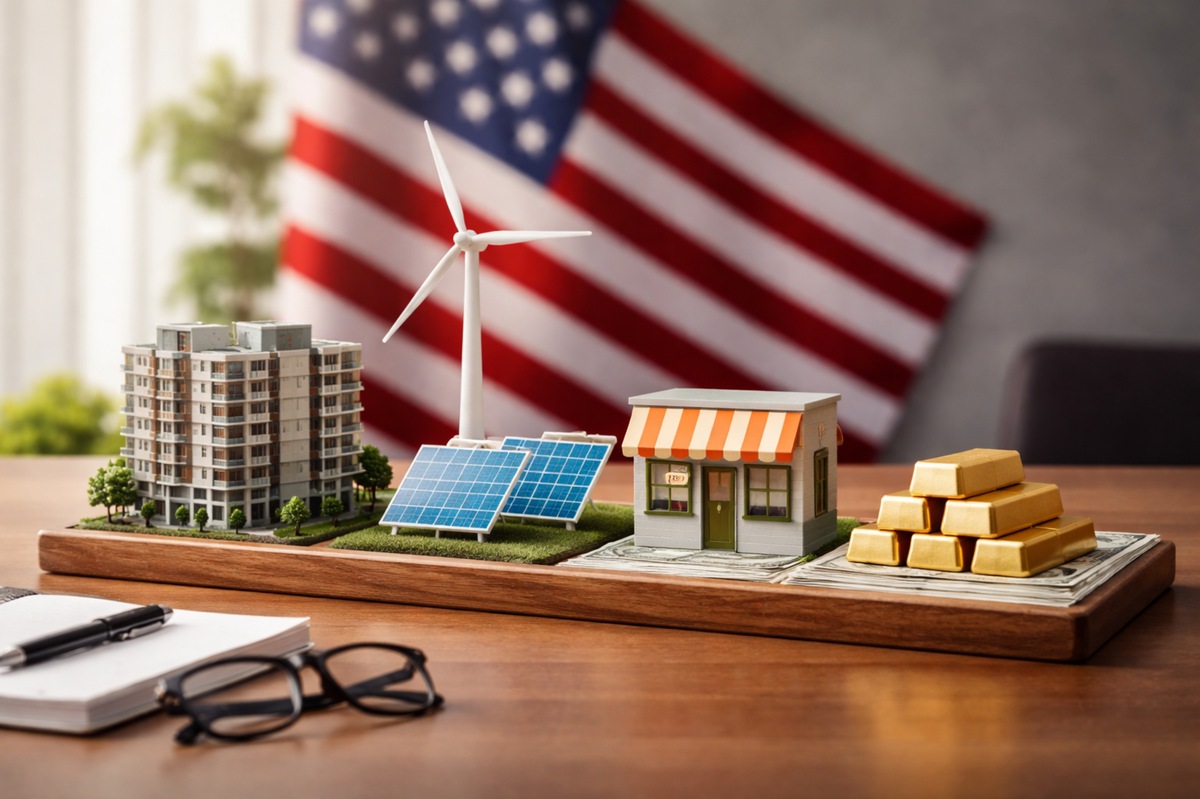 Scale model featuring a residential building, commercial property, solar panels, and a wind turbine placed on U.S. dollar bills, alongside gold bars, with the United States flag in the background, representing diversification of Investments in real estate, renewable energy, and precious metals in the American market.