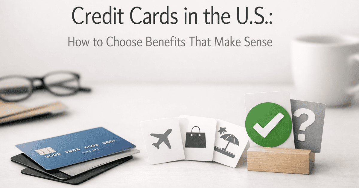 Image about choosing the right credit card in the U.S., showing stacked credit cards on a desk and benefit icons for travel, shopping, and lifestyle, alongside a green check mark and question mark symbolizing how to compare and select the best credit card rewards and features.