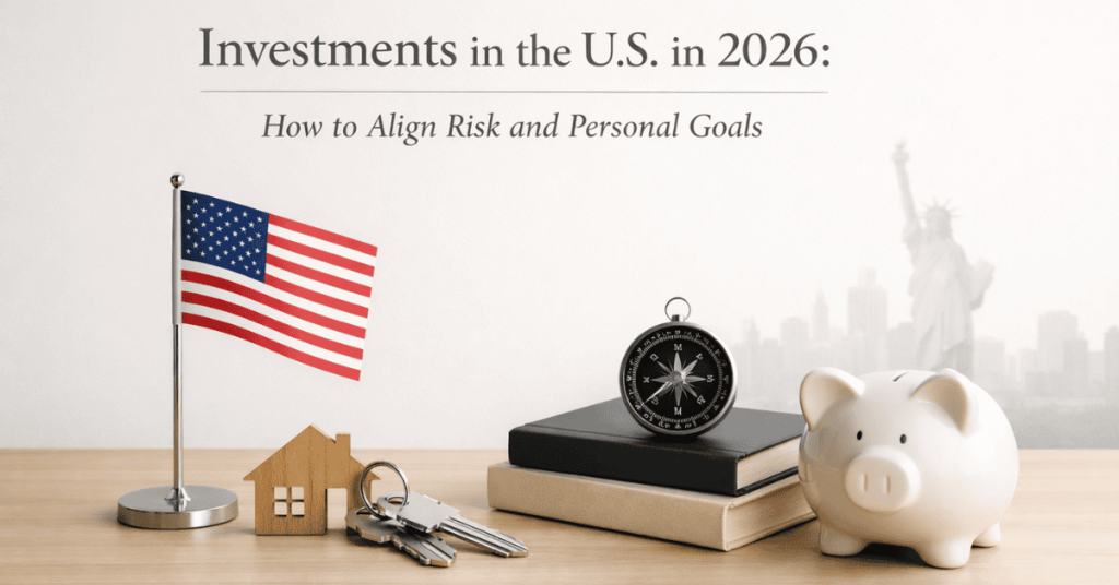 U.S. flag on the left, alongside a small wooden house and a set of keys, symbolizing real estate and asset ownership. In the center, a compass rests on top of stacked books, representing financial direction, strategy, and informed decision-making. On the right, a white piggy bank stands in front of a faint city skyline with the Statue of Liberty visible in the background