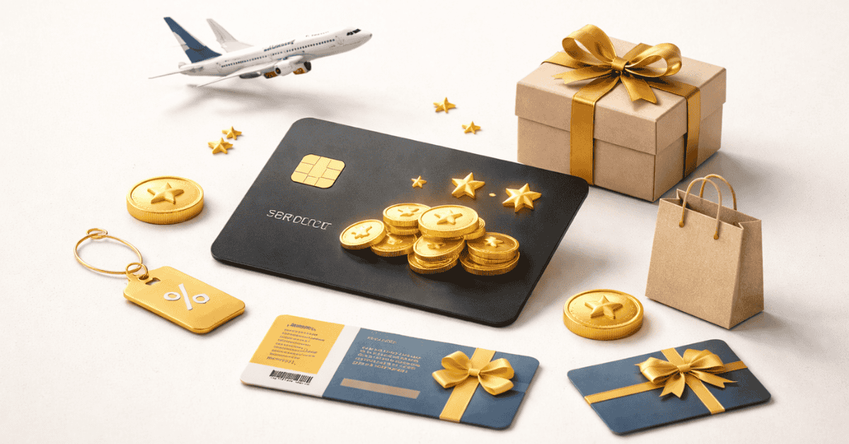 Illustration of a black credit card surrounded by gold coins and star icons, symbolizing rewards and cashback benefits. Nearby are a wrapped gift box with a gold ribbon, shopping bags, a discount tag with a percentage symbol, airline imagery, and gift cards. The image represents credit card rewards programs, travel perks, shopping discounts, and bonus points in the United States.