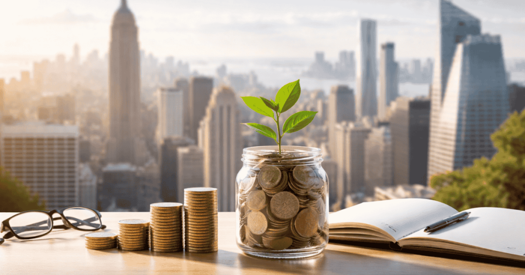 Cena simbólica de crescimento financeiro e poupança com um frasco de vidro cheio de moedas colocado sobre uma mesa, do qual nasce uma pequena planta verde, representando desenvolvimento económico e investimento a longo prazo. Ao lado encontram-se pilhas de moedas organizadas por tamanho crescente, um par de óculos e um caderno aberto com uma caneta, sugerindo análise financeira e planeamento de investimentos. Ao fundo, a paisagem urbana de uma grande cidade com arranha-céus cria o contexto de ambiente económico moderno, simbolizando oportunidades de crescimento financeiro e gestão de capital.