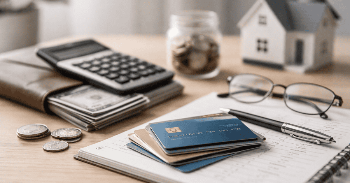 Cena de gestão financeira pessoal numa secretária com vários elementos associados a pagamentos e planeamento de despesas. Em primeiro plano encontram-se vários cartões bancários empilhados sobre um caderno com anotações financeiras e uma caneta. Ao lado estão moedas soltas, um par de óculos e documentos que sugerem análise de orçamento. Ao fundo vê-se uma carteira com notas de dinheiro, uma calculadora colocada por cima e um frasco com moedas, além de uma pequena maquete de casa, simbolizando despesas domésticas, poupança e utilização de cartões de crédito na gestão do orçamento familiar.